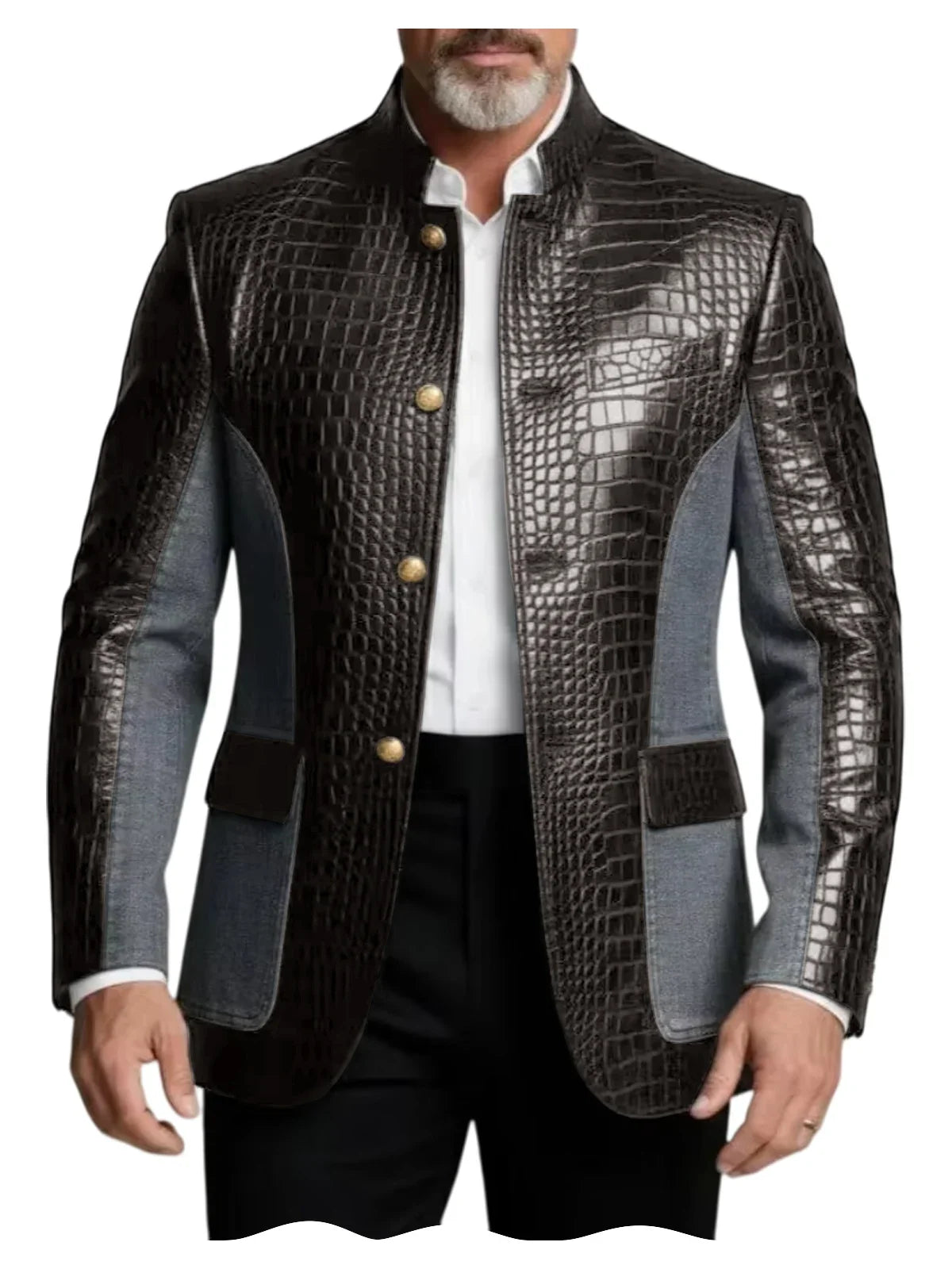 Men's Crocodile Embossed Leather Brown Jacket Patchwork Denim Stand Collar Slim Fit Luxury PU Blazer For Business Casual Party