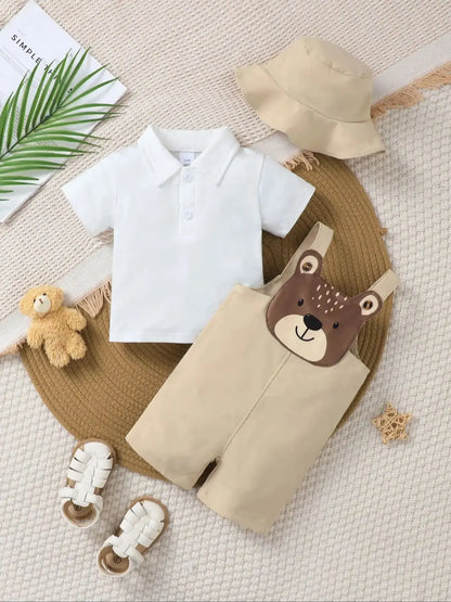 3pcs Baby Boy Outfit: Bear Patterned Romper + Hat + Polo Shirt, Comfortable Spring & Summer Cute Little Gentleman Gift Set