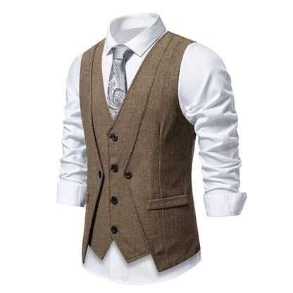 Waistcoat Man British Style Turn Down Collar Men Vest Slim Solid Double-breasted Sleeveless Versatile Male Suit Vest