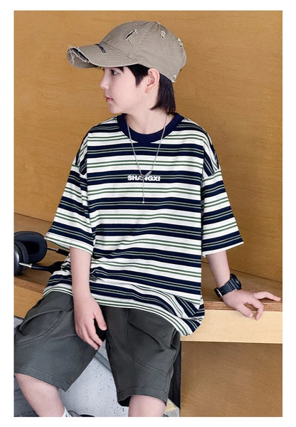 Korean Kids Striped Summer Suit for Boys Top and Bottom Set Children Cotton Short Sleeve T-shirt and Cargo Shorts Clothes Set