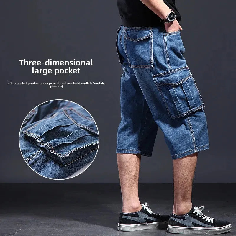 Amazon Summer Thin Loose-Fit Multi-Pocket Work Denim Shorts Casual Jeans Men's 5-Piece 7-Piece Ankle Length Blue Straight Leg