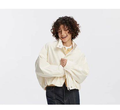 Women Jacket Solid Stand Collar Bubble Hem Oversize Dropped Shoulder Casual Style Autumn Outerwear Daily Wear 2026
