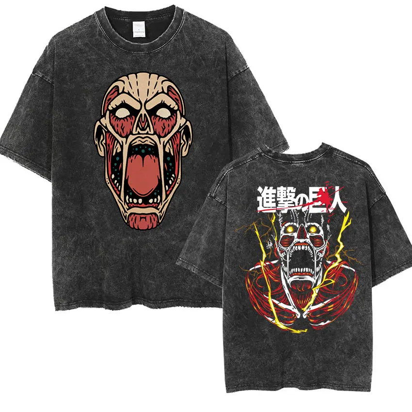 Anime Attack on Titan Vintage Washed Print T-shirt Mikasa Ackerman Eren Jaeger Wings of Freedom Logo Mens Summer Cotton T-shirts