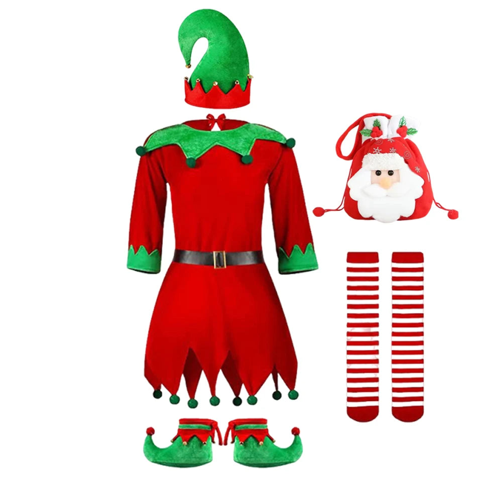 2026 Girl Boy Christmas Elf Costumes Santa Claus Kid Suit Festival Halloween Cosplay Sets Green Elves Clothes