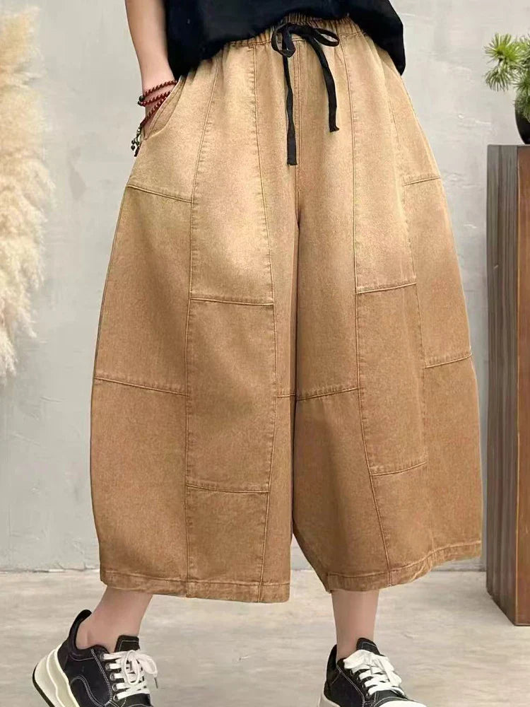Women Summer Fashion Big Size Denim Pants 2025 Females Vintage Classic Loose Harem Trousers Elastic Waist Casual Jeans