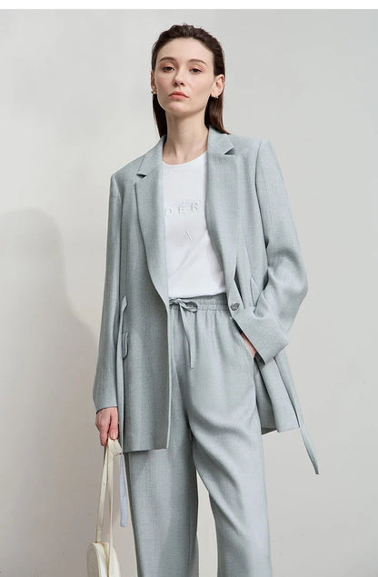 Office Lady Solid Blazers 2025 Autumn New Long Sleeves Loose Coat Notched Business Jacket Belt Women's Clothing 12543025