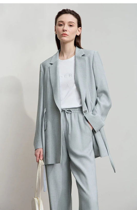 Office Lady Solid Blazers 2025 Autumn New Long Sleeves Loose Coat Notched Business Jacket Belt Women's Clothing 12543025