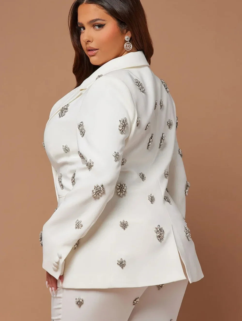 Luxury Beige Modern Notch Lapel Double Breasted Woman Suit Set 2Pcs Crystal Slim Fit Formal Banquet Singer Host Customized