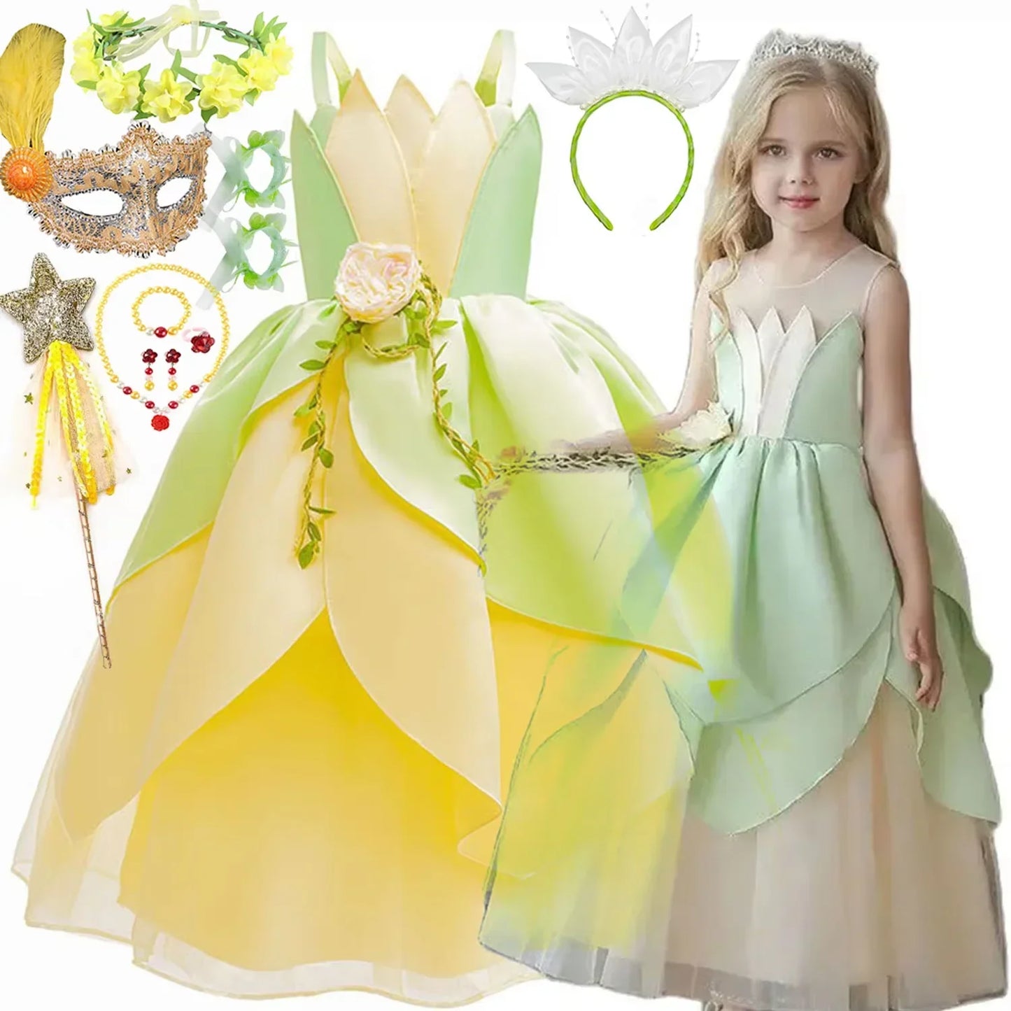 Girls Cosplay Tiana Yellow Short-Sleeved Fluffy Princess Dress For Girl Birthday Party Princess Dress With Accessories