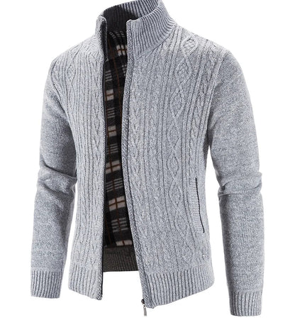 Winter Autumn New Sweater Knit Cable Cardigan Men Business Casual Jacket Zipper Up Solid Color Turn-down Coat Fleece Clothes