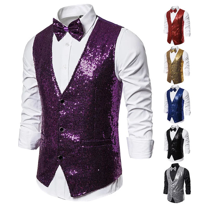 2026 Men's Shiny Gold Sequin Glitter Embellished Blazer Waistcoat Night Club Blazer Wedding Party Waistcoat Stage Singers Vest