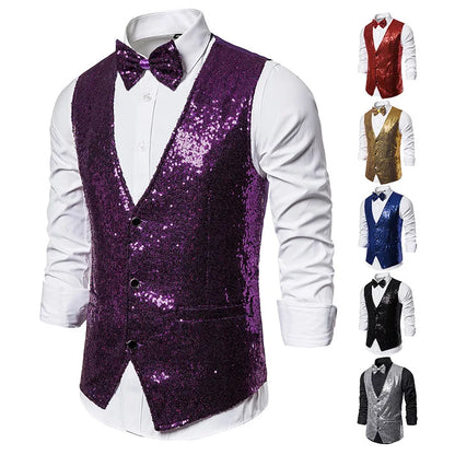 2026 Men's Shiny Gold Sequin Glitter Embellished Blazer Waistcoat Night Club Blazer Wedding Party Waistcoat Stage Singers Vest