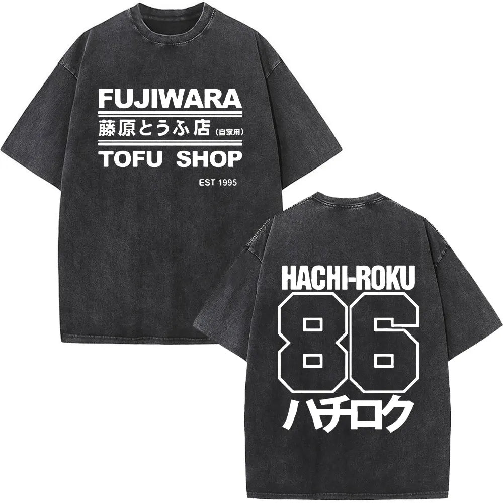 Anime Initial D Drift AE86 Washed Vintage Print T-shirt RX-7 R34 Skyline GTR JDM T-shirts Men's Harajuku Cozy Oversized T Shirts
