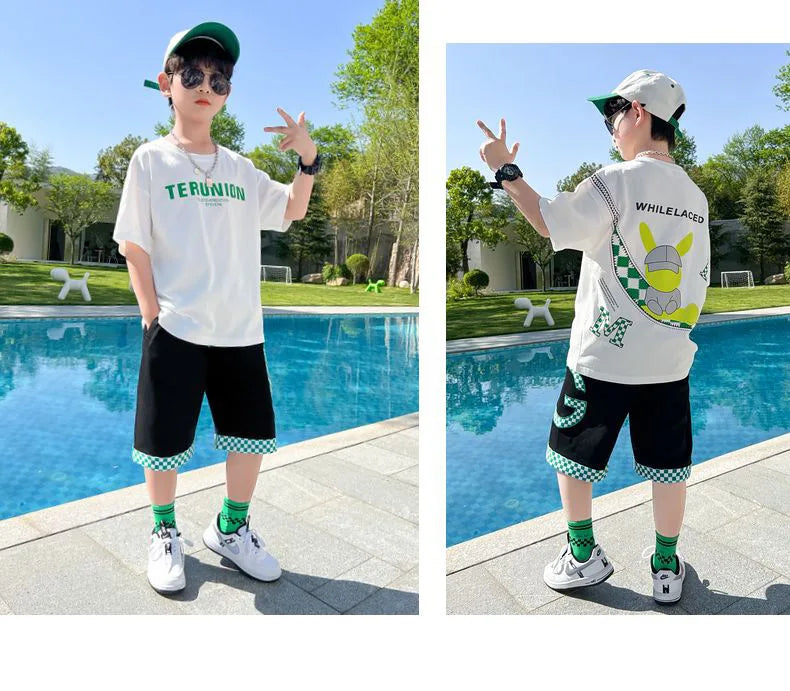 Summer Boys Cotton Alphabet Cartoon T-Shirt Tops+Patchwork Plaid Shorts Pant Set School Kids Tracksuit Child 2PCS Outfit 5-14Yr