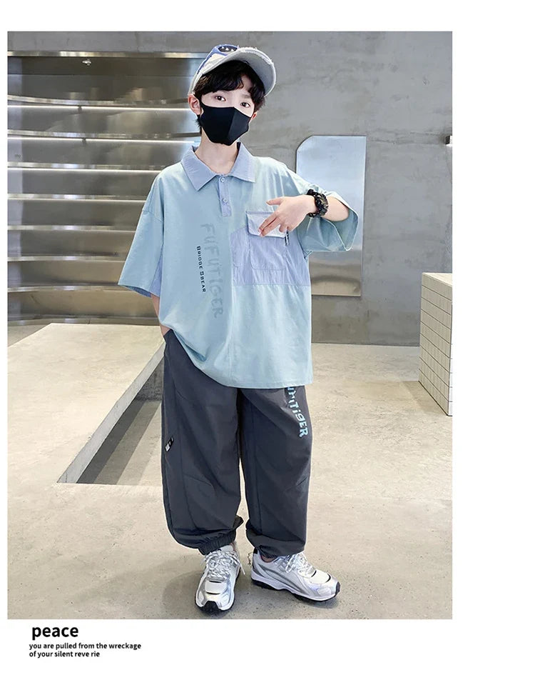 School Boys Fashion Summer Top And Bottom Clothes Set Polo Shirt + Pants 2 Pieces Clothing Suit Kids Children Casual Tracksuit
