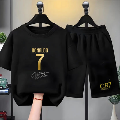 Children Short-sleeved T-shirt+Shorts Black Boys Girls Toddler 3-12Yrs Sports Set Football Player No. 7 Summer Cool Clothing