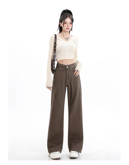 Baggy High Street Fashion Straight brown Jeans for Women's Y2k High Waist Female Clothing Solid Color Casual Wide Denim Trousers
