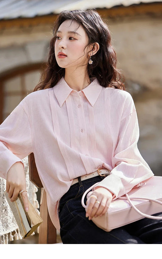 Solid Loose Fit Shirt for Women Spring 2025 Dropped Shoulder Long Sleeved  Top Casual Turn-down Collar Shirts MXE13C0405