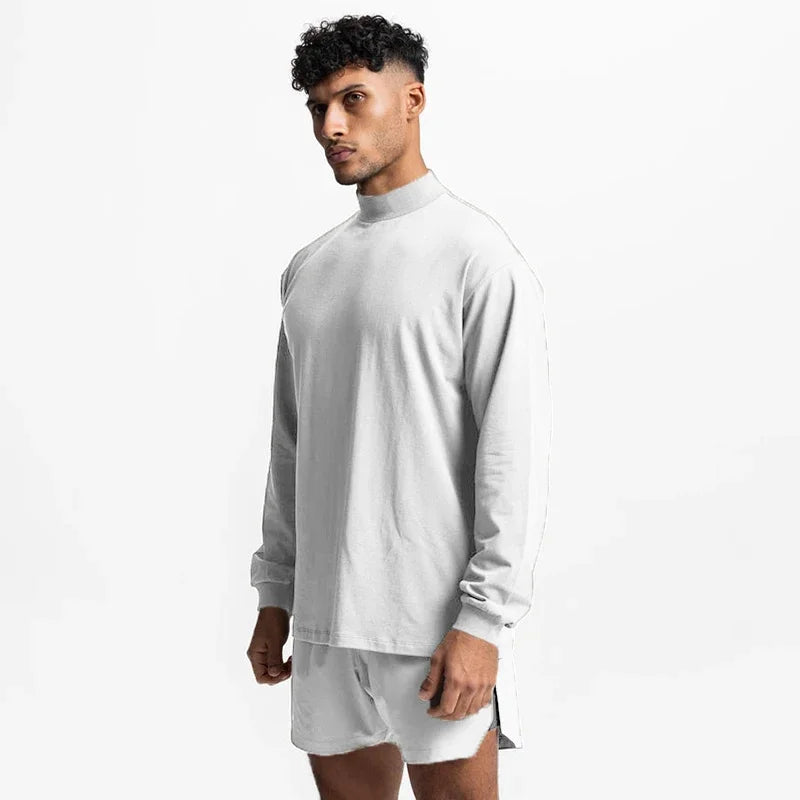 Oversized Long Sleeve Running T-shirts Mens Turtleneck Dropped Shoulder Loose Sports Fitness T Shirt Gym Bodybuilding Tops Tees