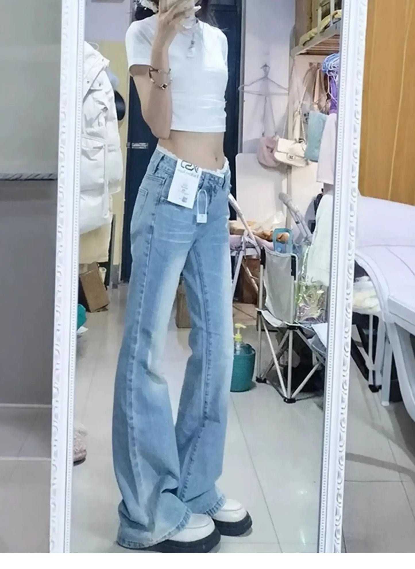 plus Size High Waist Blue Denim Jeans Women's Straight Leg Bootcut Pants Spring Summer Faion Retro American Sle