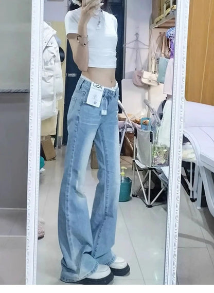 plus Size High Waist Blue Denim Jeans Women's Straight Leg Bootcut Pants Spring Summer Faion Retro American Sle