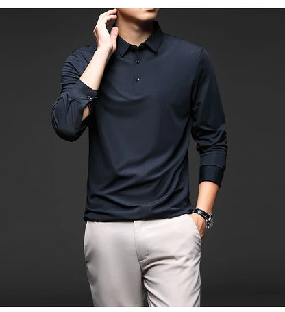 Mulberry Silk Men's Polo Shirts Luxury Long Sleeve Solid Color Golf Male T-shirts Spring Autumn Business Casual Man Tees