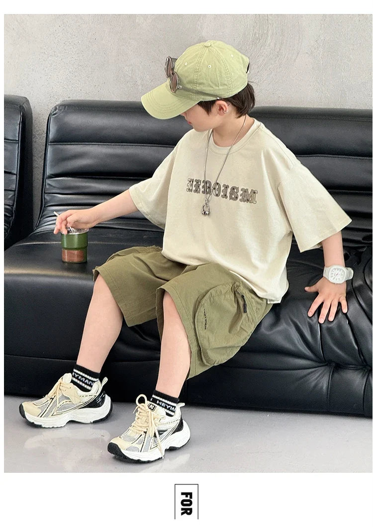 New Summer Korean Children Fashion Suit for Teen Boy Cotton Top And Bottom Set Kids Casual Tshirt Shorts 2PCS Clothing Set 7-16Y