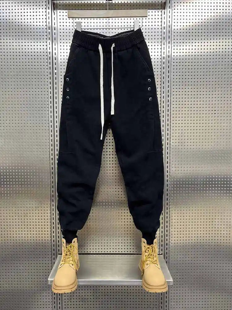 Drawstring Menswear Clothing Handsome Spring New Men's Jeans Korean Elastic Waist Buttons Decorative Fashion Harlan Pants Men