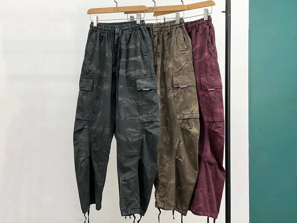 American Tactical Cargo Pants Men Premium 100% Cotton Distressed Tie Dye Straight Leg Loose Fit Multi Pocket Heavy Duty Casual