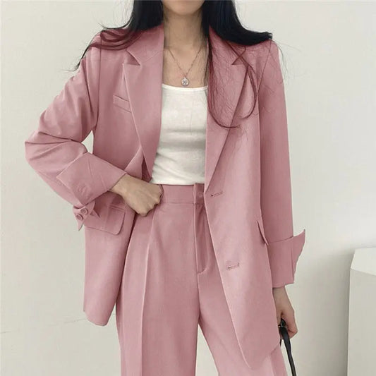 Casual Notch Lapel Suit Set with Button Thick Wide Leg Small Suit Pants High Waist Drape Polyester Business Lady Style Women