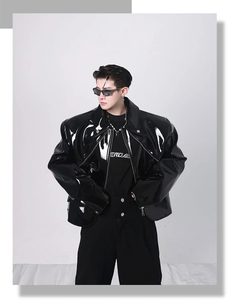 Spring Autumn Cool Loose Short Black Shiny Reflective Patent Faux Leather Jacket Men Zipper Luxury Designer Clothes