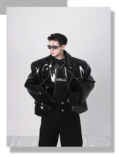 Spring Autumn Cool Loose Short Black Shiny Reflective Patent Faux Leather Jacket Men Zipper Luxury Designer Clothes