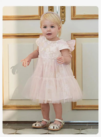 Dave Bella Girls Princess Dress 2024 New Summer Children's Baby Sleeveless Mesh Cute Sweet Charm Party Butterfly Wings DB2240414