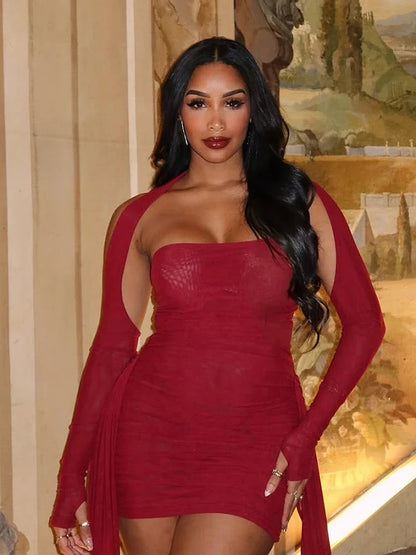 Mesh Simple Mini Dress Fashion Solid Strapless Ribbons Tassel Body-shaping Vestidos+Seperately Full Sleeve Gloves