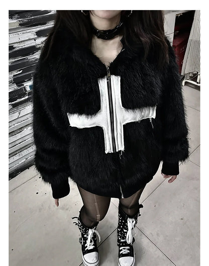 Winter Short Cool Warm Soft Hairy Faux Fur Coat Men with Hood Rivet Luxury Designer Punk Style Clothes Fluffy Jacket