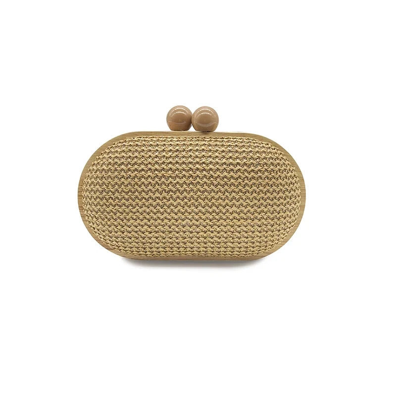 fashion Oval PP straw clutch bag for women wooden clip Handbags elegant weave summer beach bag trend shoulder crossbody bags