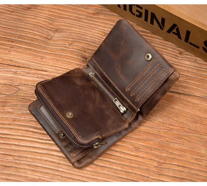 Handmade crazy horse leather wallet retro vertical zipper wallet first layer cowhide simple old wallet man