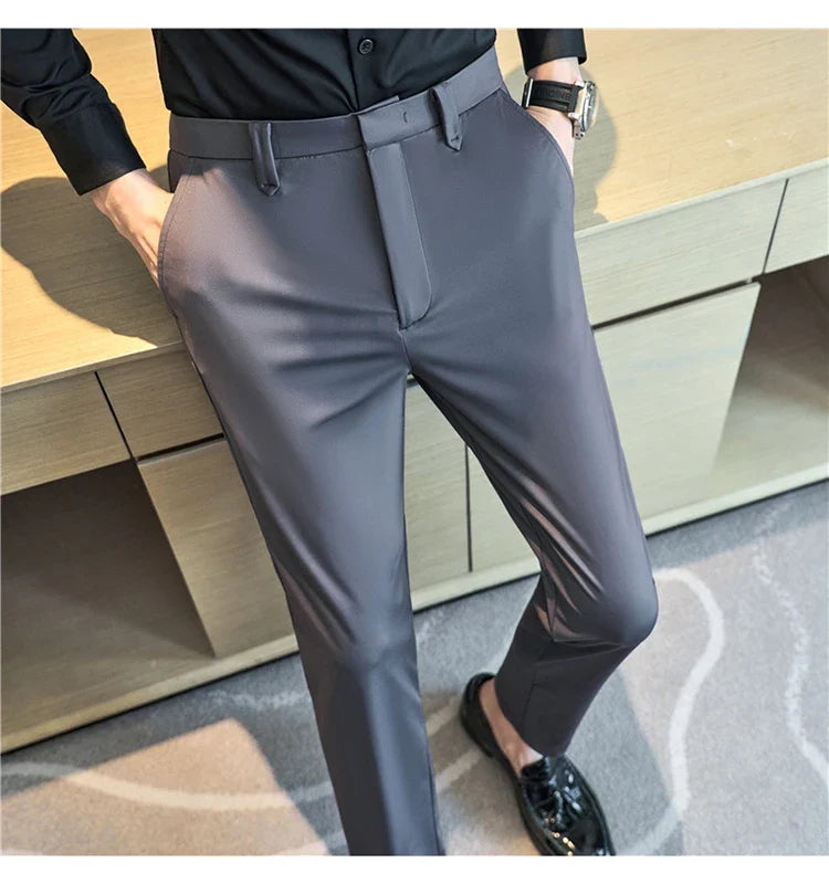 Mens Dress Pants Trousers 2025 Summer New Thin Breathable Solid Casual High Elastic Slim Fit Suit Pants Streetwear Men Clothing