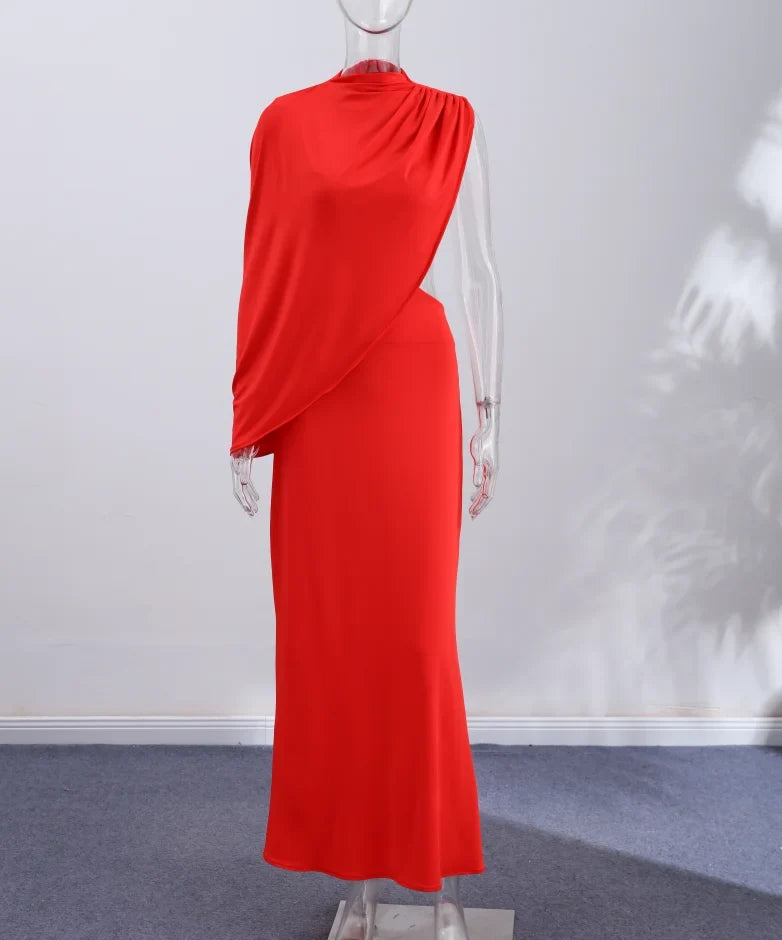 Red Asymmetrical Draped Backless Maxi Dress One Shoulder High Neck Cutout Bodycon Evening Gown For Women Formal Party