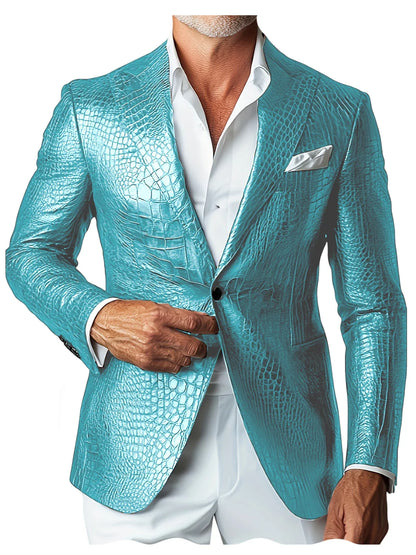 Luxury Men's Crocodile Embossed Leather Blazer Notch Lapel Suit Fit 1 Button Jacket Shiny Croc Print Formal Business Party Coat