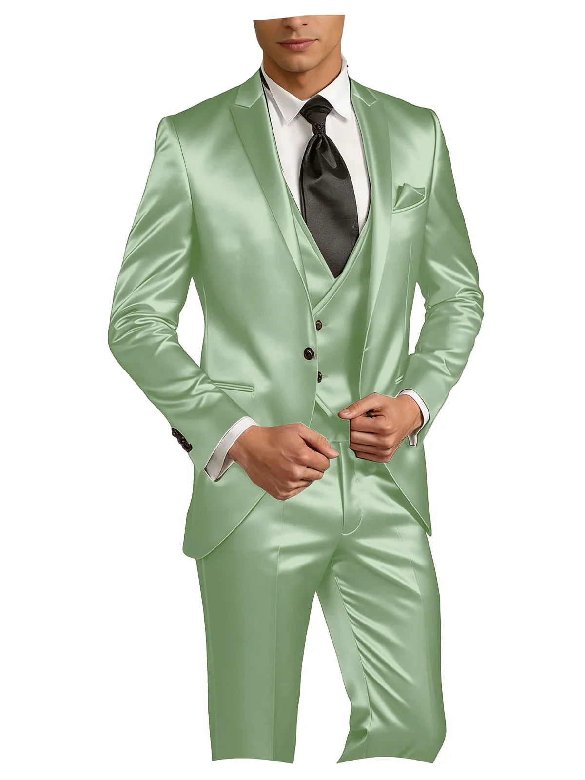 Luxury Men's Satin Suit 3 Piece Set Notch Lapel Slim Fit 1 Button Blazer Vest Pants for Formal Groom Groomsmen Prom Party