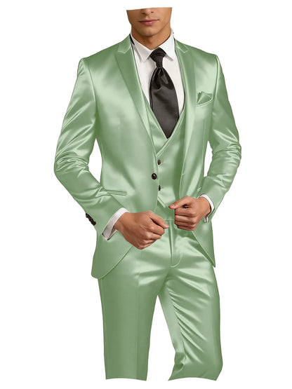 Luxury Men's Satin Suit 3 Piece Set Notch Lapel Slim Fit 1 Button Blazer Vest Pants for Formal Groom Groomsmen Prom Party