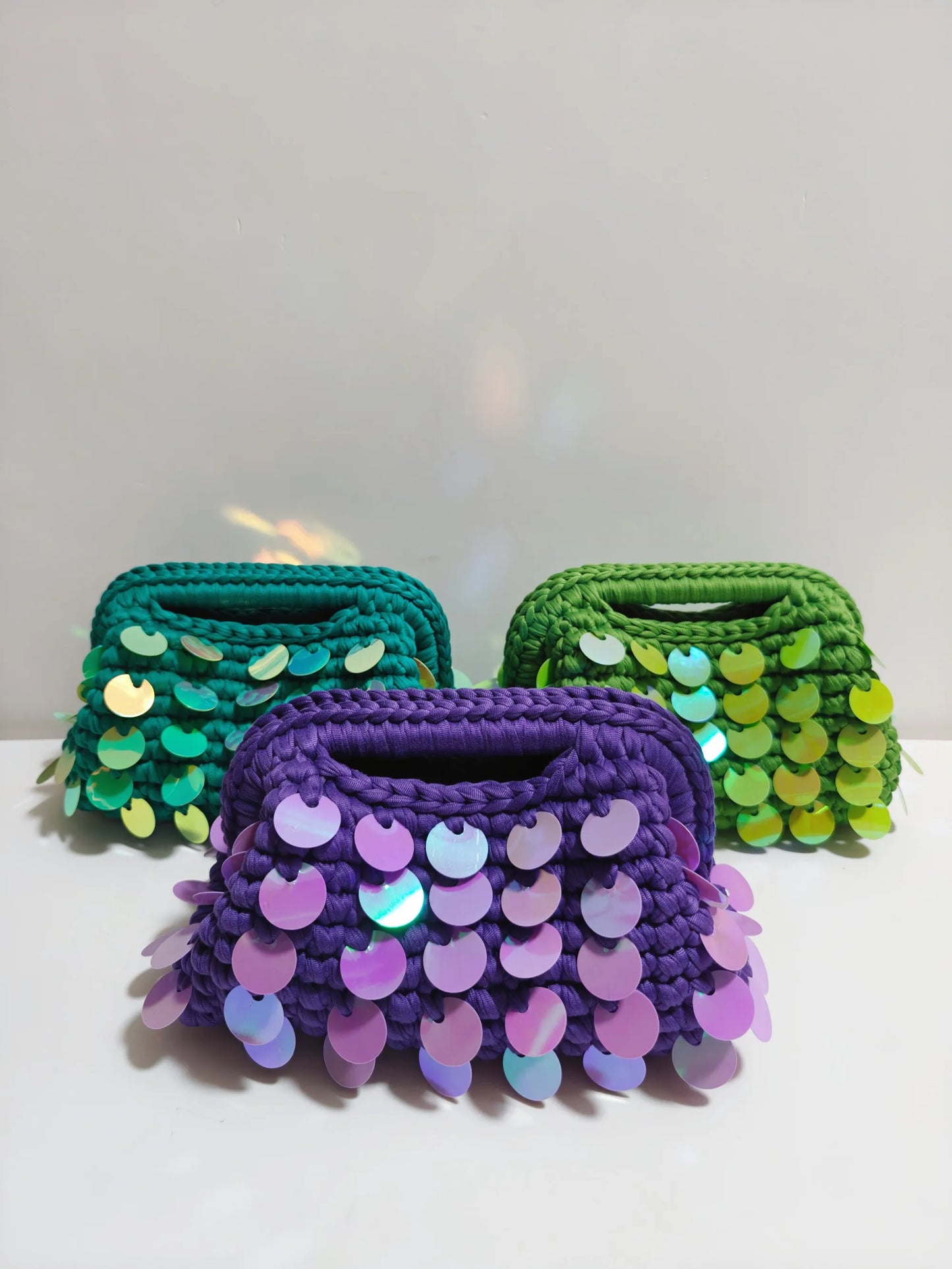Yingzi Small Sequin Crochet Cluth Bag with Shine Paillettes Handmade Evening Bag Makeup Bag