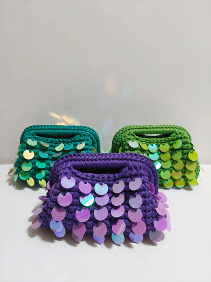 Yingzi Small Sequin Crochet Cluth Bag with Shine Paillettes Handmade Evening Bag Makeup Bag