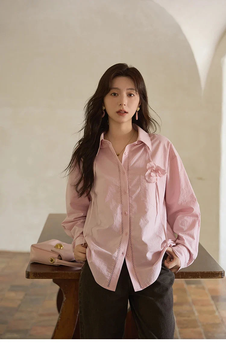 100% Cotton Shirt For Women Autumn 2025 New Fashion Petal Ribbon Button Long Sleeves Shirt Women's Clothing MXE41C2349