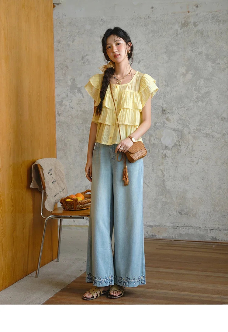Butterfly Sleeve Chiffon Shirt Women's 2025 Summer New Women's Clothing Retro Square Neck Button Casual Shirt MXD30X1488