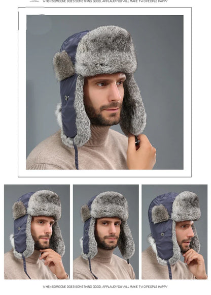 Russia Winter Real fur Hat Unisex Outdoor Windproof Super Warm Real Rabbit Fur Bomber Hats Natural Soft Natural Rabbit Fur Caps
