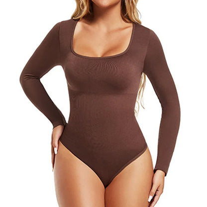Open Crotch Big U Neck Seamless Bodysuit Long Sleeve Spandex Elastic Body Suit Shapewear Tummy Control Waist Shapers