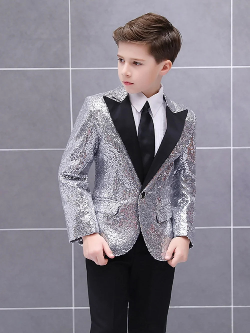 Boys Sequined Suit Set 3 Pieces Performance Wear 120-160cm Handsome Kids Slim Fit Suits Wedding Ring Bearer Outfit