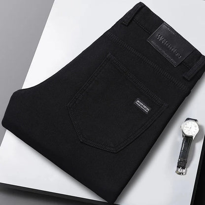 2025 New Winter Pure Black Fleece Thick Warm Jeans Men's loose Straight Elastic Denim Pants classics Casual Plush Trousers